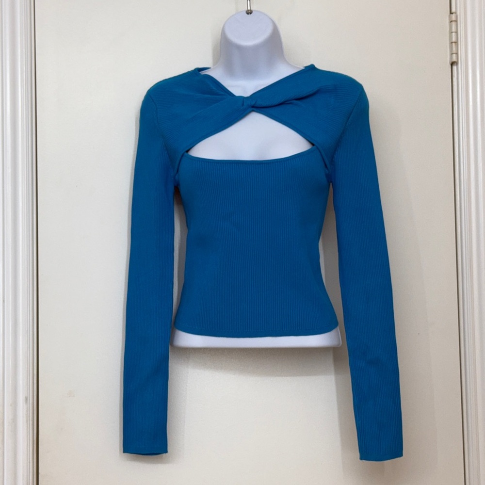 ZARA Women's Knitted Cross Knot Long Sleeve Cut-out Chest Blue Top Size M NEW